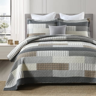 DDUOXIN Farmhouse Cotton Quilt for King Bed - 100% Cotton Gray Brown Patchwork Plaid Striped King Size Quilt Bedspread, Neutral Lightweight Reversible All Season Coverlet/Comforter Set, 3 Piece