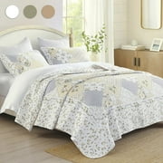 DDUOXIN 120x102 California Queen Size Quilt Bedspread - 100% Cotton Oversized Queen Bedspread Set, White/Gray/Beige Patchwork Plaid Floral Bedding Set, Lightweight Winter Decor 3-Piece Coverlet