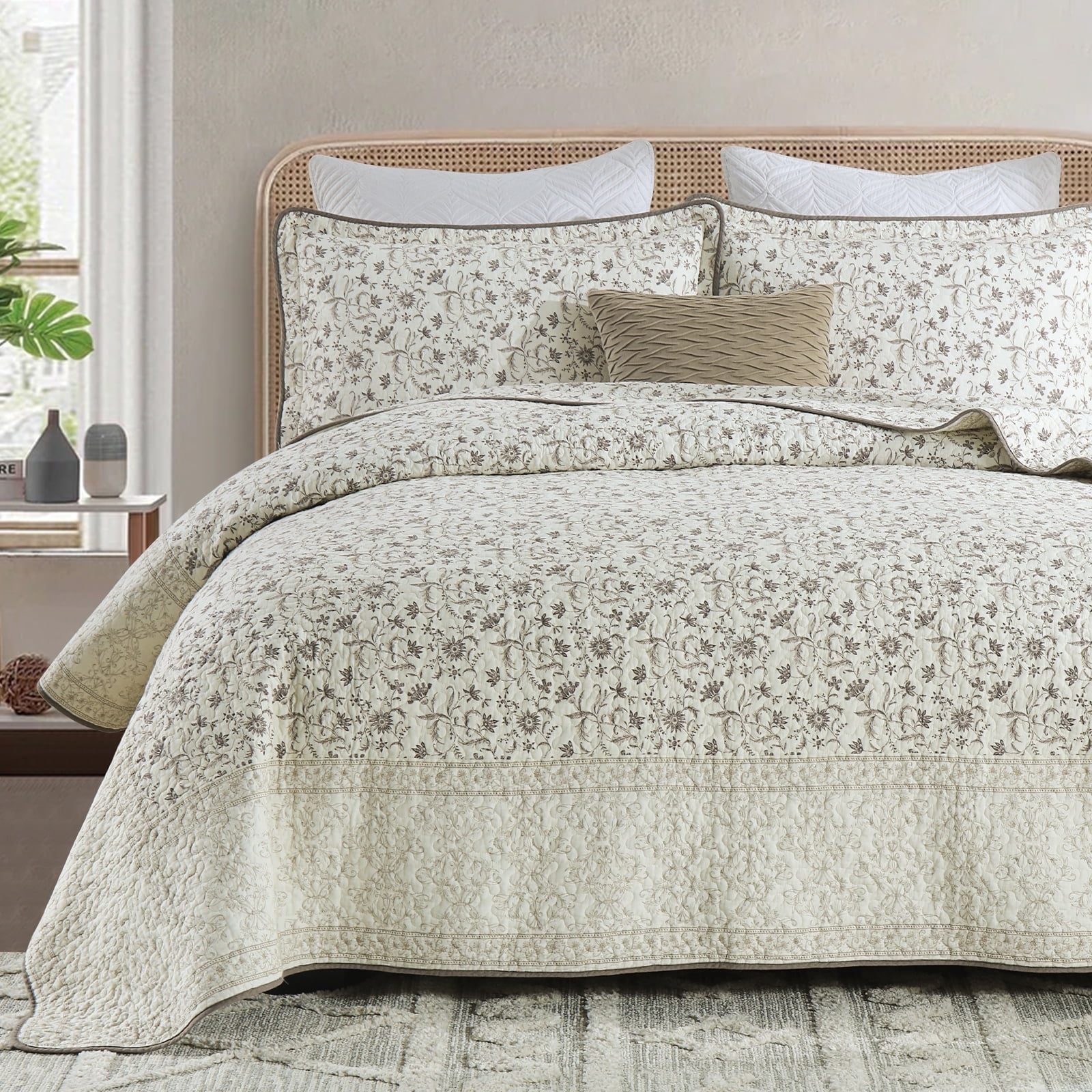 DDUOXIN Beige Cotton King Size Quilts - 100% Cotton King Size Quilt Bedspread Set, Floral Quilt Bedspreads for King Bed, Lightweight Reversible Bedding Set for All-season, Purpl/Off-white/Beige Brown