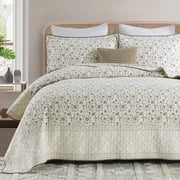 DDUOXIN Beige Cotton King Size Quilts - 100% Cotton King Size Quilt Bedspread Set, Floral Quilt Bedspreads for King Bed, Lightweight Reversible Bedding Set for All-season, Purpl/Off-white/Beige Brown