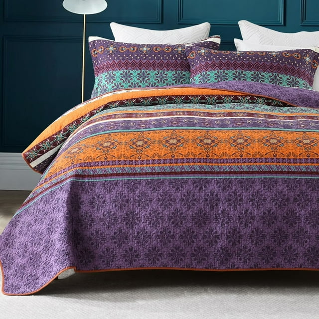 DDUOXIN Bohemian King Size Quilt Set, 100 Cotton Purple/Turquoise/Tangerine Boho Quilt for King