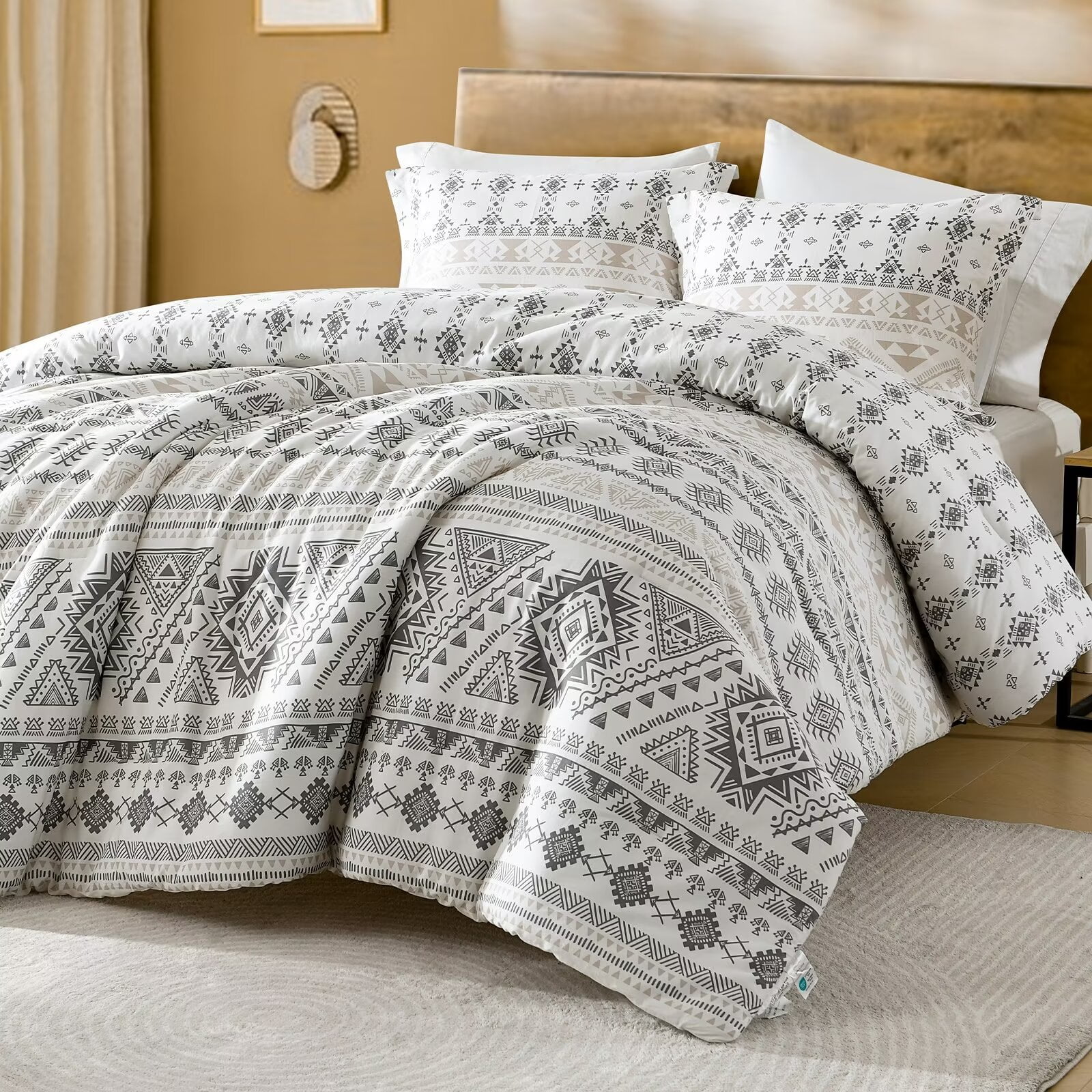 DDUOXIN Bohemian Queen Size Comforter Set 100 Cotton White & Borwn & Charcoal Gray Geometric
