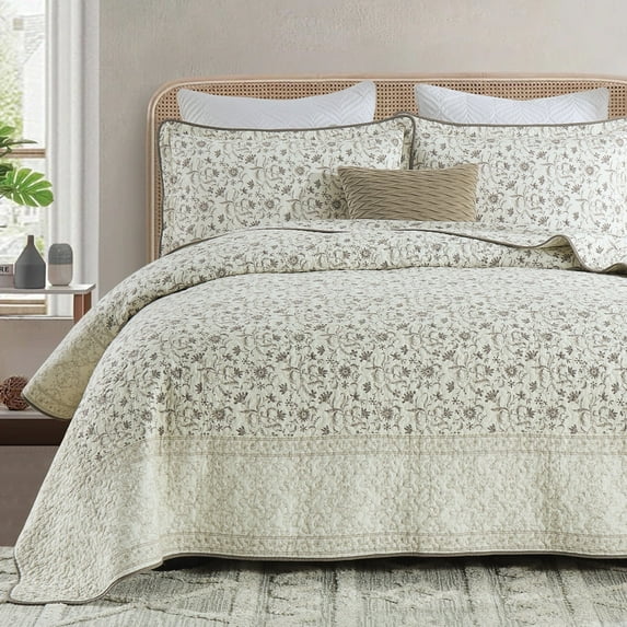 DDUOXIN Floral Beige Queen Size Quilts - 100% Cotton Queen Size Bedspread Quilt Set, Flower Quilted Bedspreads for Queen Bed, Lightweight Reversible Bedding Set for All-season, Purple/Beige Brown