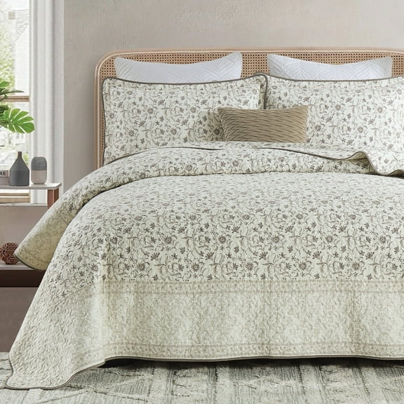 DDUOXIN Floral Beige Queen Size Quilts - 100% Cotton Queen Size Bedspread Quilt Set, Flower Quilted Bedspreads for Queen Bed, Lightweight Reversible Bedding Set for All-season, Purple/Beige Brown
