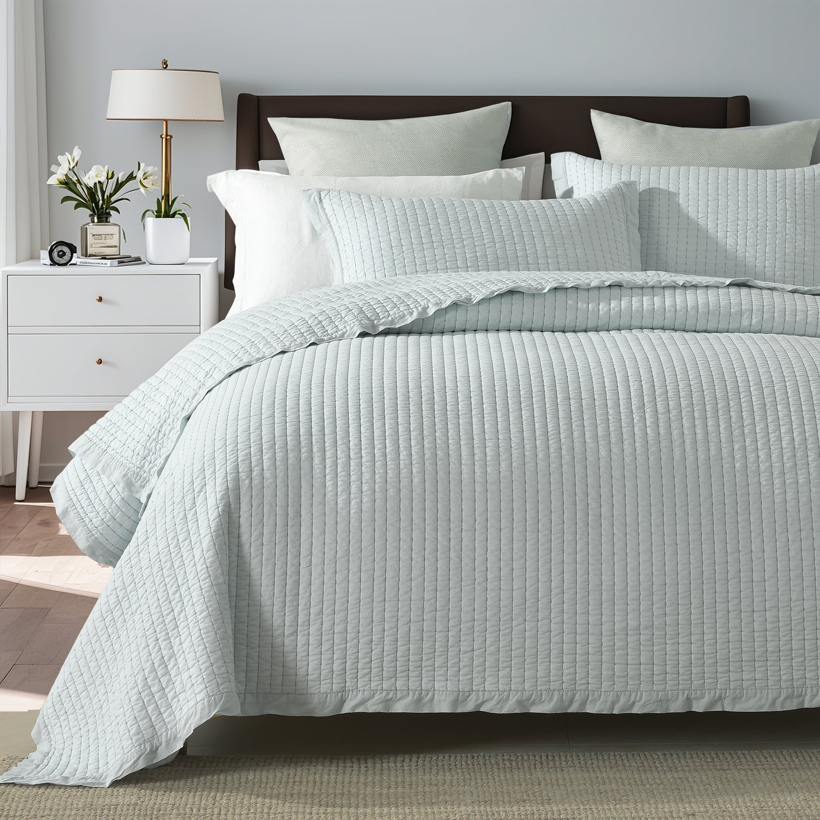 DDUOXIN Gray Queen Size Quilt - 100% Cotton Solid Color Chic Stylish Elegant Quilt Bedspread for Queen Bed, Lightweight Pick-Stitch Handcrafted Queen Coverlet Bedding Set with 2 Pillow Shams, 3-Piece