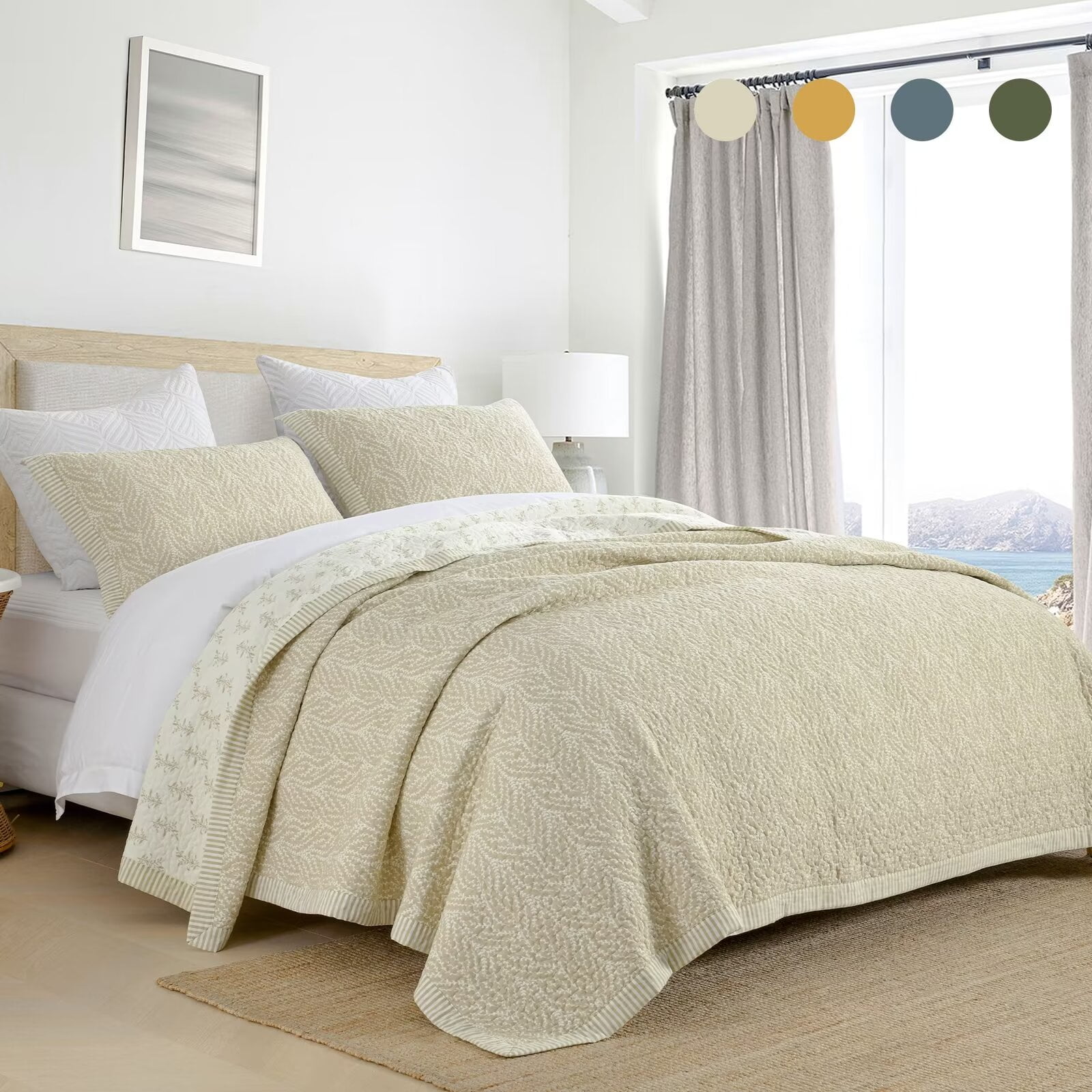 DDUOXIN King Size Quilt Bedspread - 100% Cotton Oatmeal &amp; Beige Floal ...