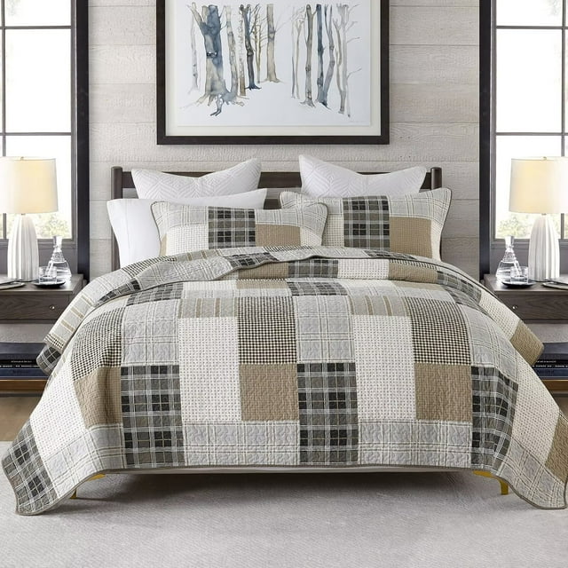 DDUOXIN King Size Quilt Set 100 Cotton Beige/Brown Patchwork Plaid Farmhouse Quilt for King