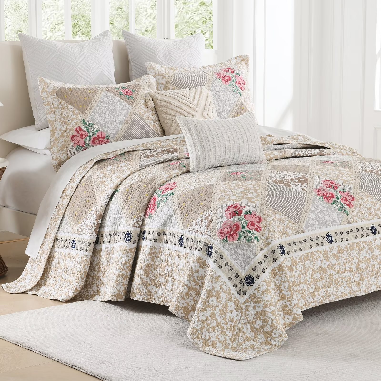 King Size 100% Cotton Quilt Bedding Set - Reversible Patchwork Plaid Bedspread | 3-Piece Lightweight Comforter (Quilt + 2 Shams)