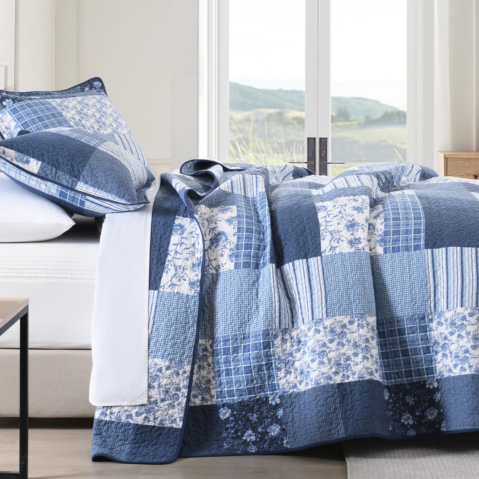 DDUOXIN Blue King Size Quilts - 100% Cotton King Size Bedspread Quilt Set, Floral Plaid Quilt for King Bed, Lightweight Reversible Bed Spread Bedding Set with 2 Pillow Shams for All-season, 3-Piece