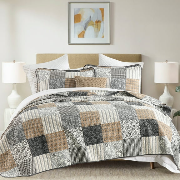 DDUOXIN Brown Plaid King Size Quilts - 100% Cotton King Size Quilt Set, Floral Gray Brown Patchwork Quilt Bedspreads for King Bed, Lightweight Reversible Coverlet Bedding Set with 2 Pillow Shams