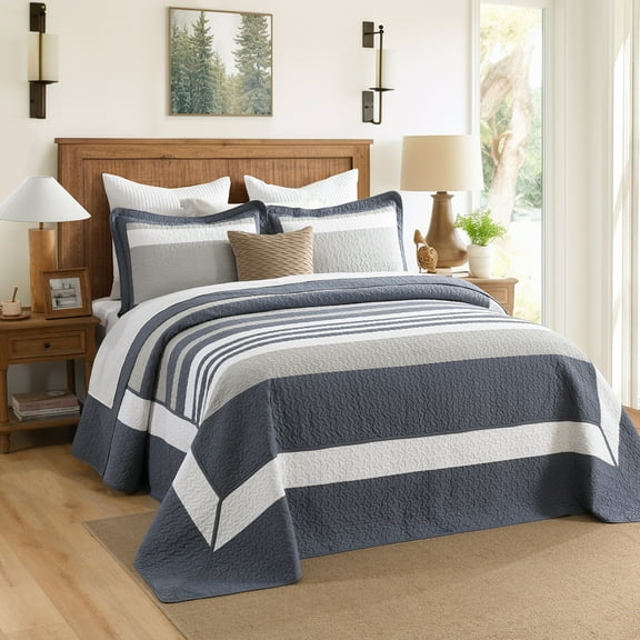 DDUOXIN Oversized Queen Bedspread 100% Cotton Comforter, Blue Gray White 102 X 120 Queen Size Stripe Quilt, Lightweight Summer Bedding Set Reversible Modern Coverlet, 3 Piece