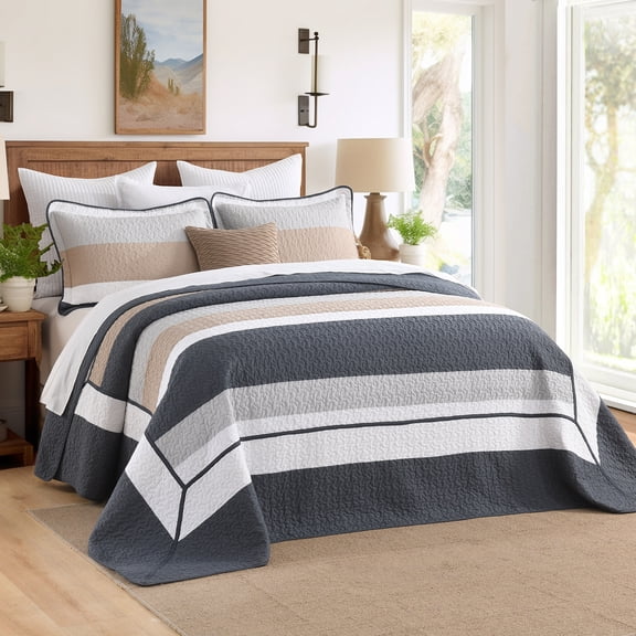 DDUOXIN Oversized Queen Bedspread 100% Cotton Comforter, Brown Navy Gray 102 X 120 Queen Size Stripe Quilt, Lightweight Summer Bedding Set Reversible Modern Coverlet, 3 Piece