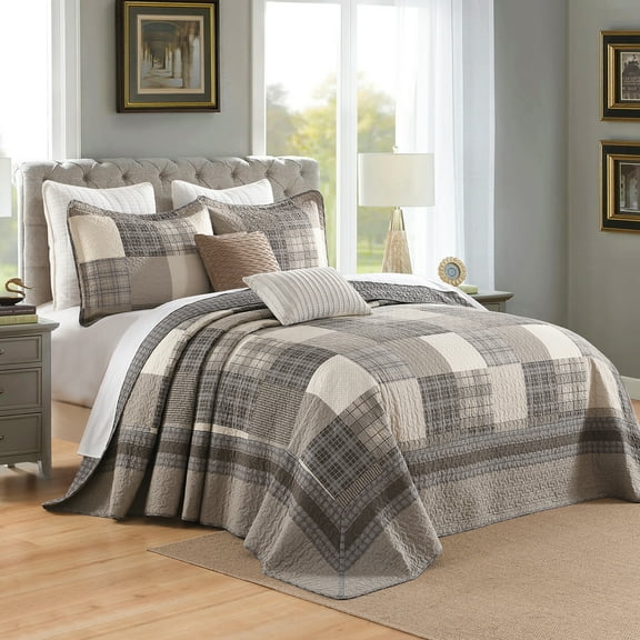 DDUOXIN Oversized Queen Bedspread, 102 X 120 Queen Size Comforter, 100% Cotton Patchwork Plaid Quilt, Lightweight Striped Farmhouse Coverlet Bedding Set, 3 - Piece for All Season