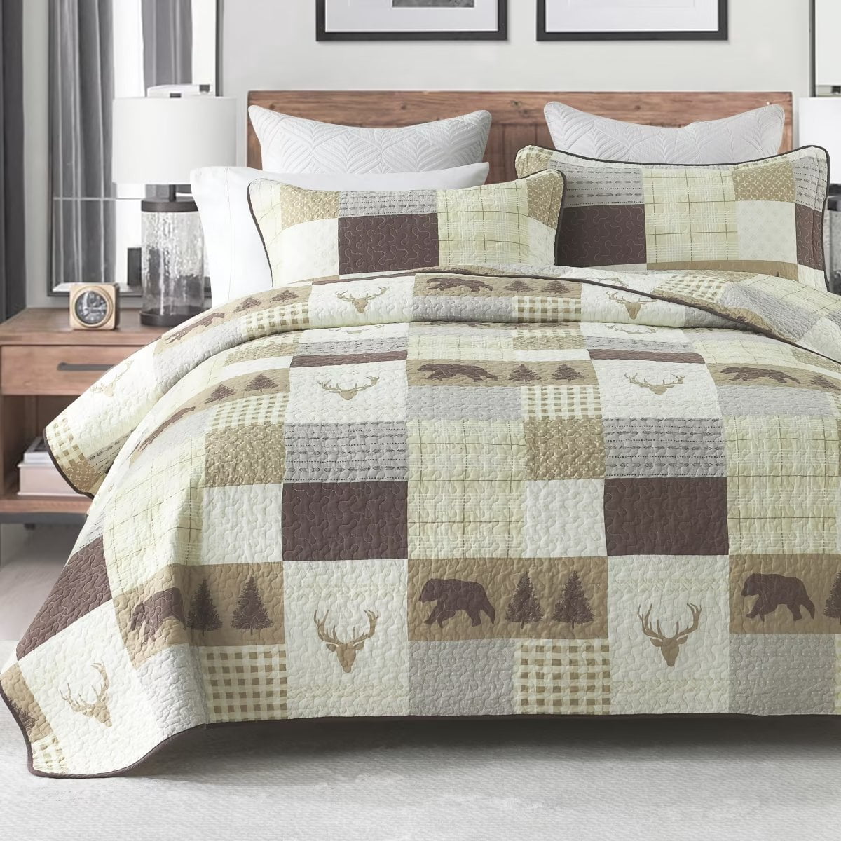 King Size 100% Cotton Quilt Bedding Set - Reversible Patchwork Plaid Bedspread | 3-Piece Lightweight Comforter (Quilt + 2 Shams)