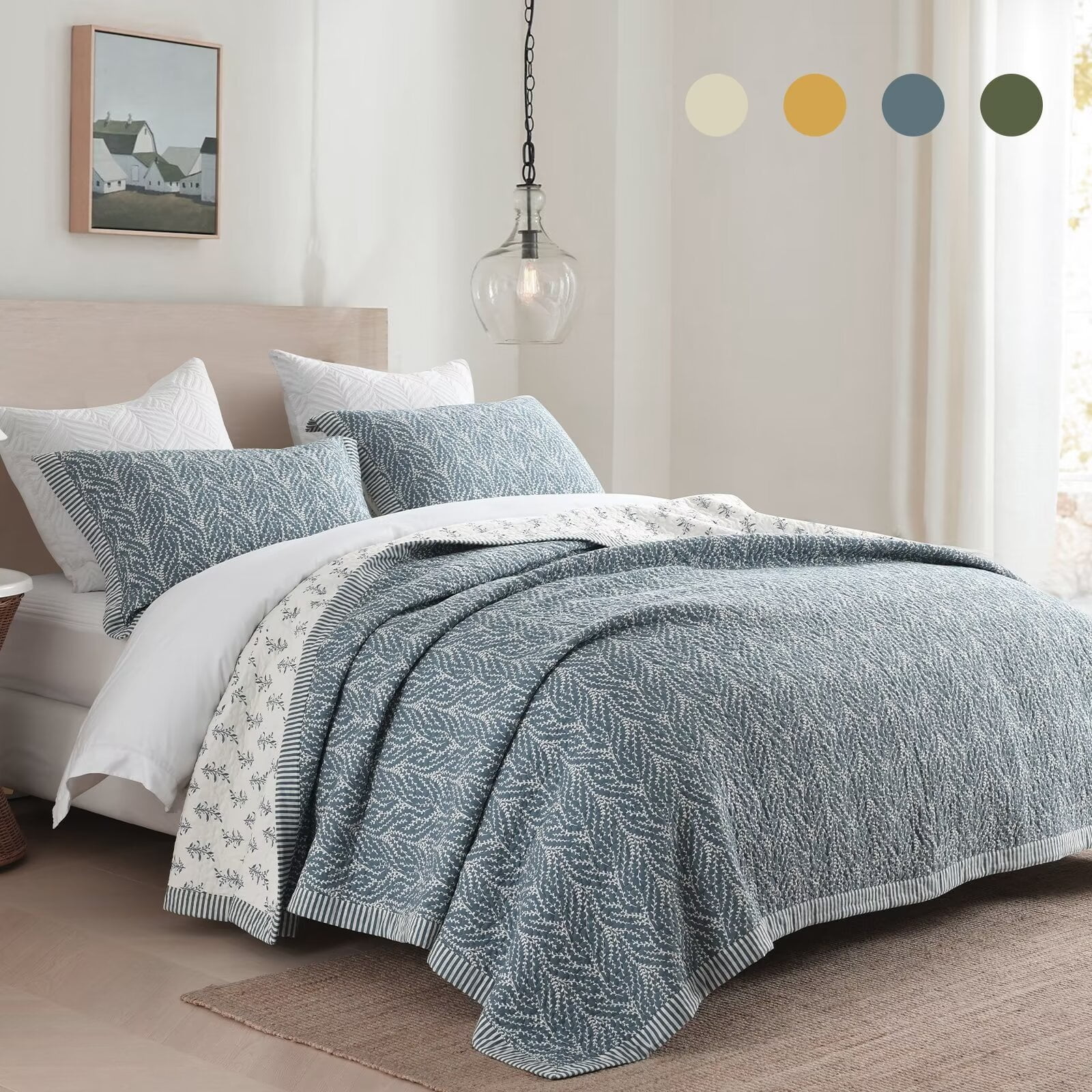 DDUOXIN Queen Size Quilt Bedspread - 100% Cotton Dusty Blue & White Floal Modern Stylish Quilt for Queen Bed, Reversible Lightweight Soft Queen Bedspread with 2 Pillow Shams, 3-Piece All Season