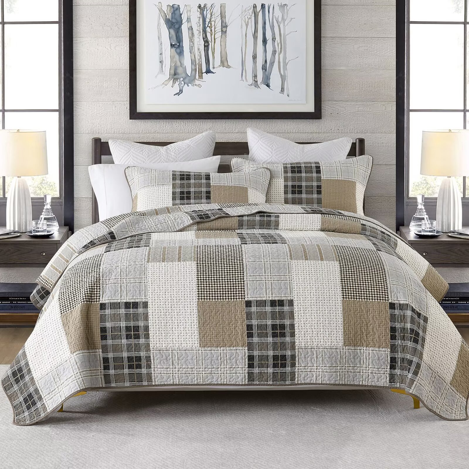 DDUOXIN Queen Size Quilt Set 100 Cotton Beige/Brown Patchwork Plaid Farmhouse Quilt for Queen