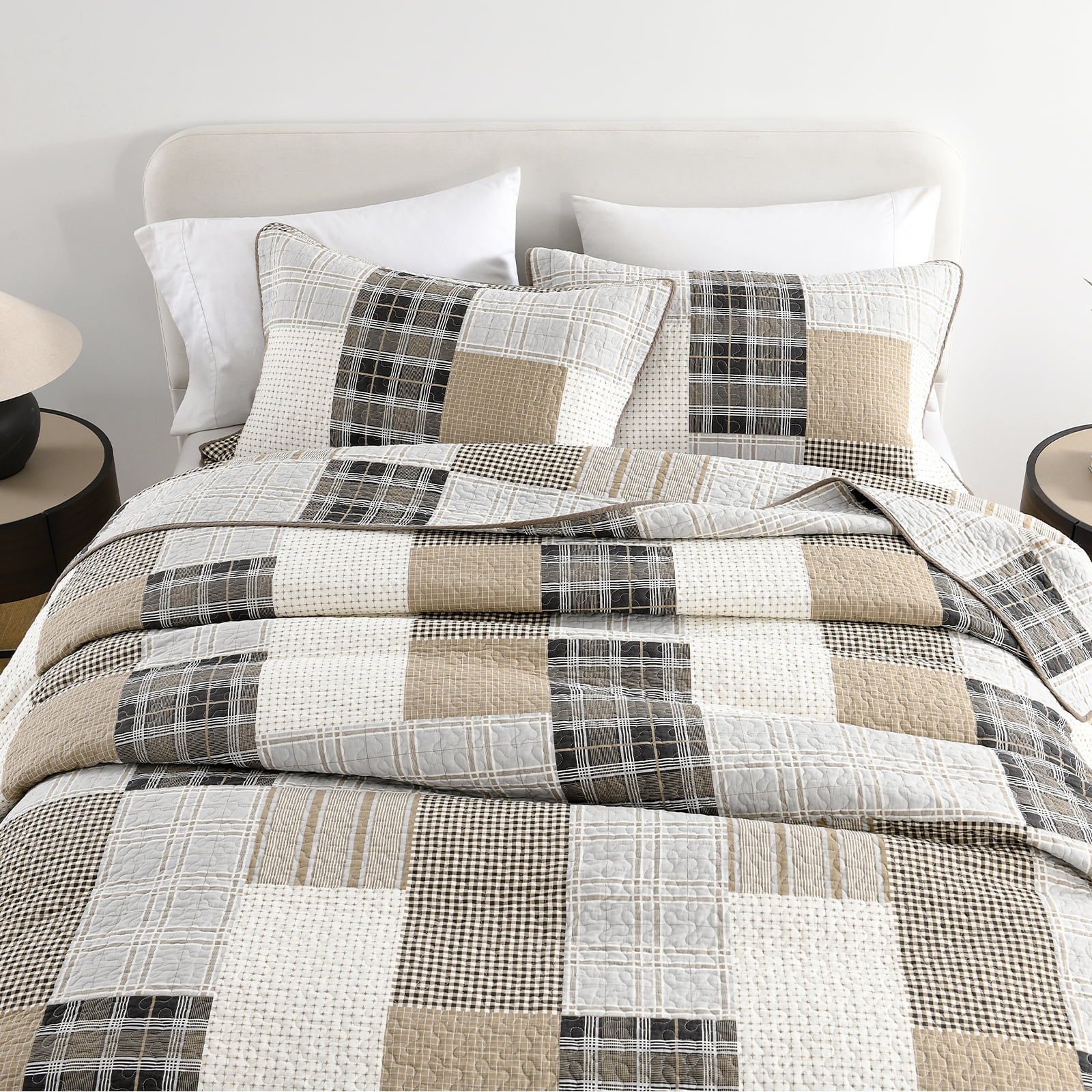 DDUOXIN Queen Size Quilt Set - 100% Cotton Beige/Brown Patchwork Plaid Farmhouse Quilt for Queen Bed, Lightweight Winter Quilt Reversible Thin Comforter Set with 2 Pillow Shams, 3-Piece 98"x90"