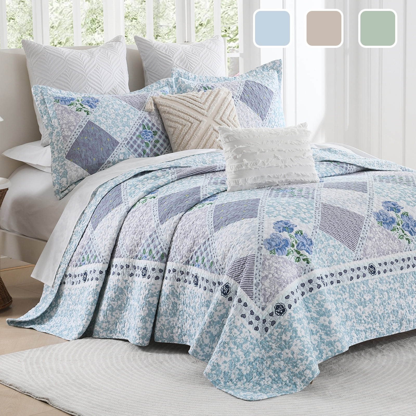 DDUOXIN Queen Size Quilt Set - 100% Cotton Blue/Gray/Purple Floral Real ...