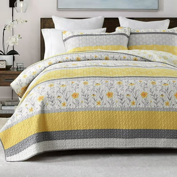 DDUOXIN Yellow Floral King Size Quilt, 100% Cotton Gold/Gray/Beige Flower Striped Cotton Quilt for King Bed, Farmhouse Lightweight Reversible Fall & Winter Gift 3-Piece Quilt Bedspread Set, 98"x106"