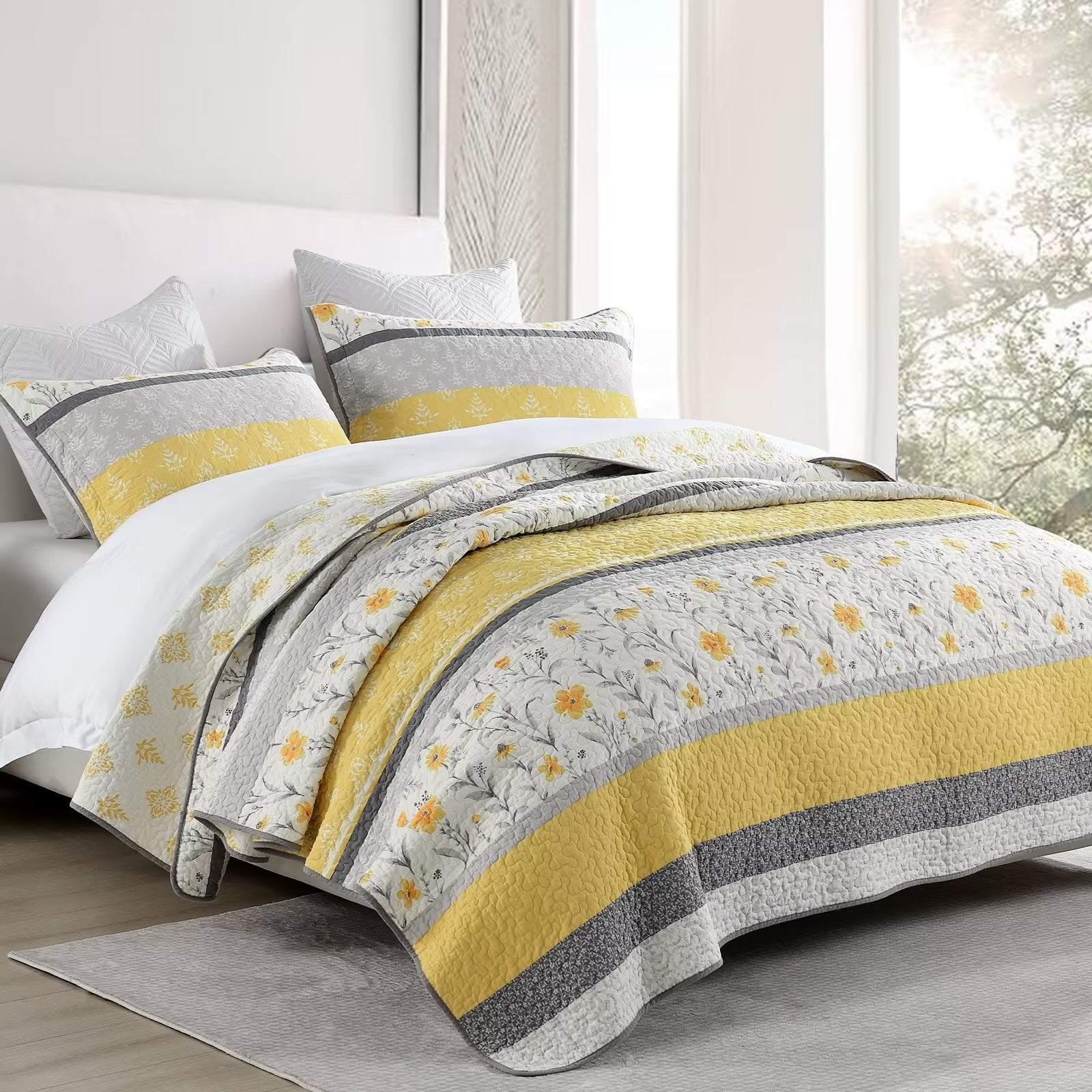 DDUOXIN Yellow Floral King Size Quilt, 100 Cotton Gold/Gray/Beige