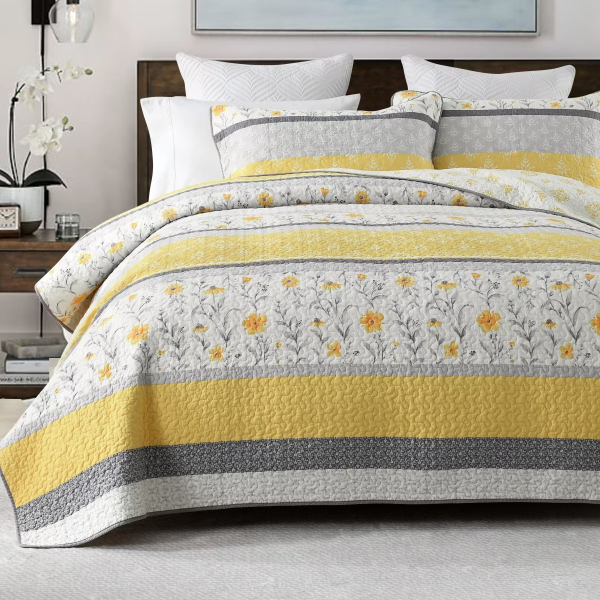 DDUOXIN Yellow Floral Queen Size Quilt, 100% Cotton Gold/Gray/Beige ...