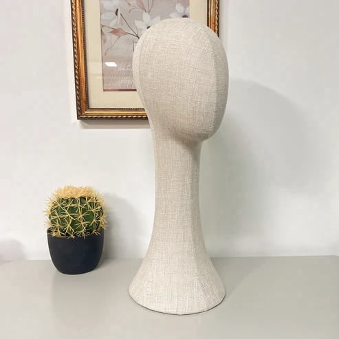 DE-LANG Bamboo Linen Mannequin Head with Long Neck, Pinnable Display for Hats, Wigs, Scarves & Jewelry
