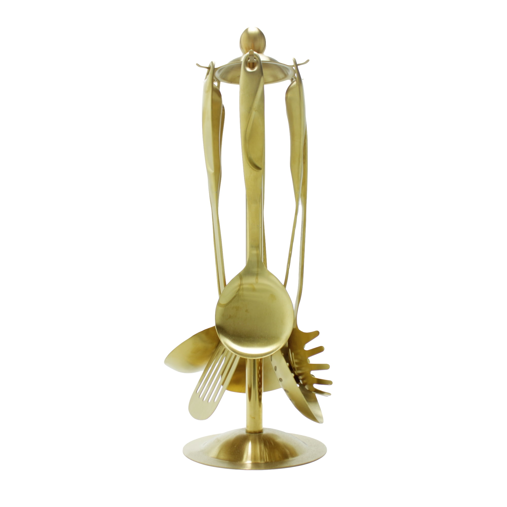 Matte Gold Stainless Steel 7-Piece Cooking Utensils Set with Rotating Holder