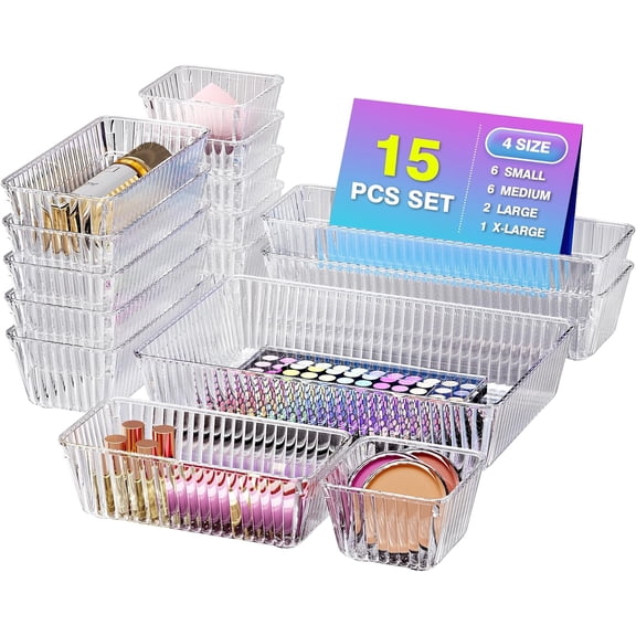 DEA 15 PCS Clear Plastic Drawer Organizer Set - 4 Sizes Makeup Organizer Desk Drawer Divider Bathroom Organizers and Storage Bins for Makeup, Jewelry, Gadgets, Office, Kitchen, Bedroom, Bathroom