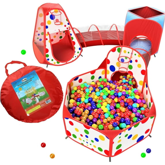 DEA 5-Piece Kids Play Tents Crawl Tunnels and Ball Pit Popup Bounce Playhouse Tent with Basketball Hoop for Indoor and Outdoor Use with Red Carrying Case