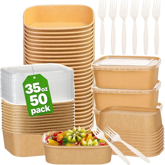 DEA 50-Pack 35oz Disposable Kraft Paper Bowls 【with Lids and Forks】,Disposable Meal Prep Containers,to go food containers,Microwavable and Freezer Take Out Containers for Hot/Cold Food