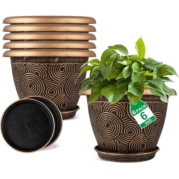 DEA 6 Inch Flower Pots Planters for Indoor Outdoor Plants, 6 Pack Plastic Small Plant Pots with Drainage Hole & Tray, Modern Decorative Garden Pot with Saucer, Plant Container for House