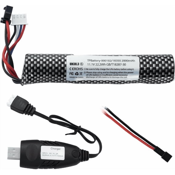 DEA Airsoft Gel Blaster Battery - 11.1V 2000mAh Water Bead Splatter Ball Batteries with Mini Tamiya to SM2P Plug Rechargeable Charger Cable for Splat Ball Replacement - 1 Pack
