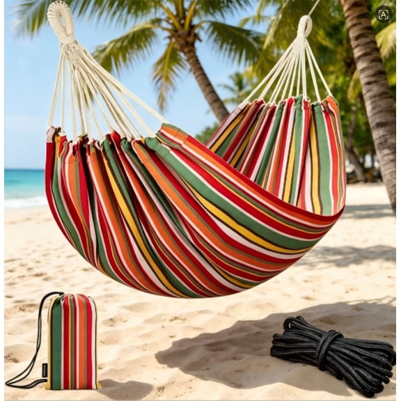 DEA Brazilian Hammock for Single Person, Portable Cotton Hammock with Hanging Ropes & Carry Bag, 78.8x39.4' 300LBS Capacity - Red & Green Stripes