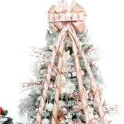 DEA Christmas Tree Topper Bow, 53x13 Inches Large Christmas Bow with Glitter Streamer and Patterned Ribbon, Decorative Bows for Xmas Tree Wreath Door Festival Home Decor(Rose Gold)