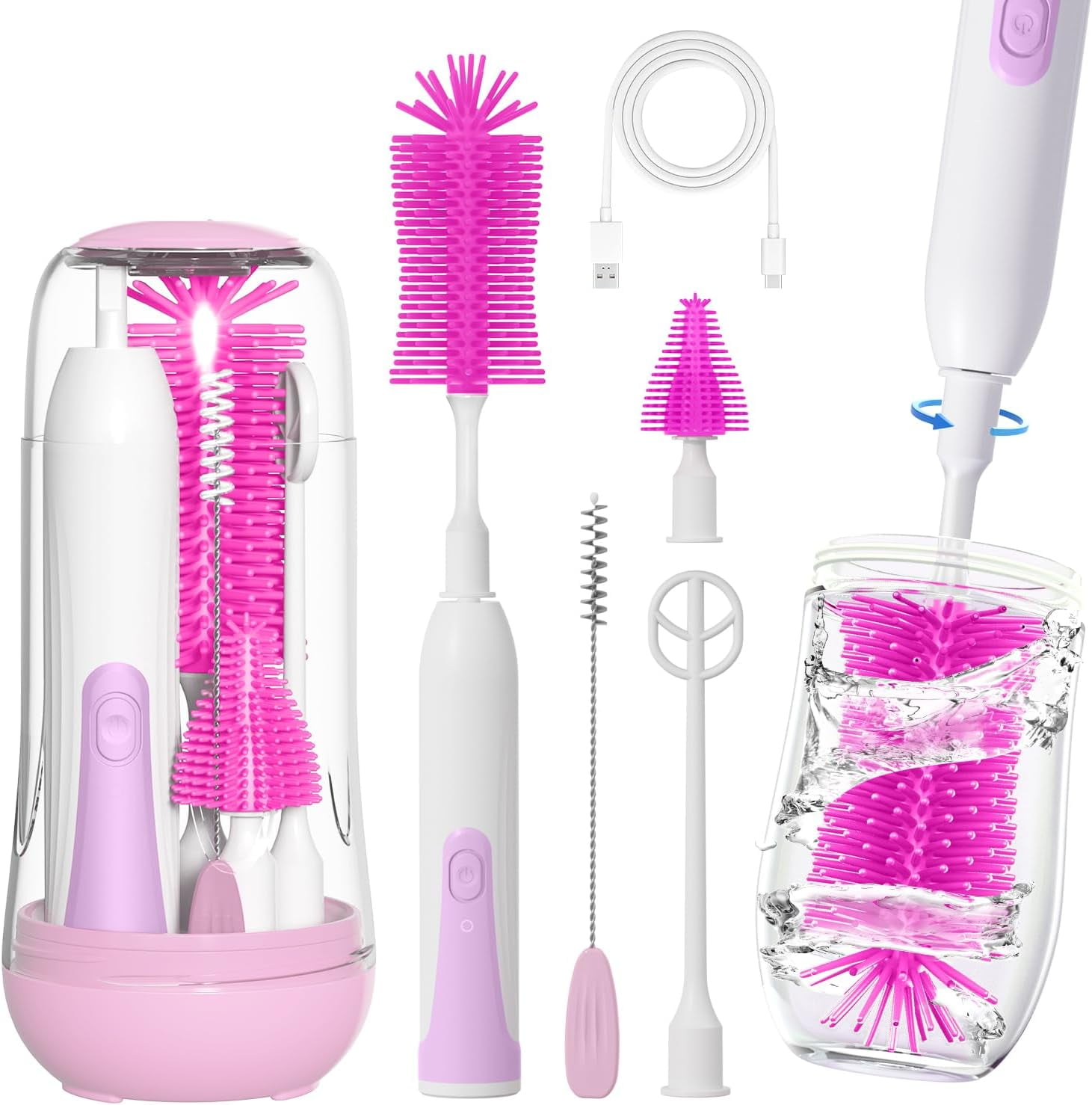 DEA Electric Bottle Brush Cleaner, Portable Baby Bottle Washer, Travel Bottle Cleaner Brush Set with Silicone Bottle & Nipple & Straw Brush(Purple)