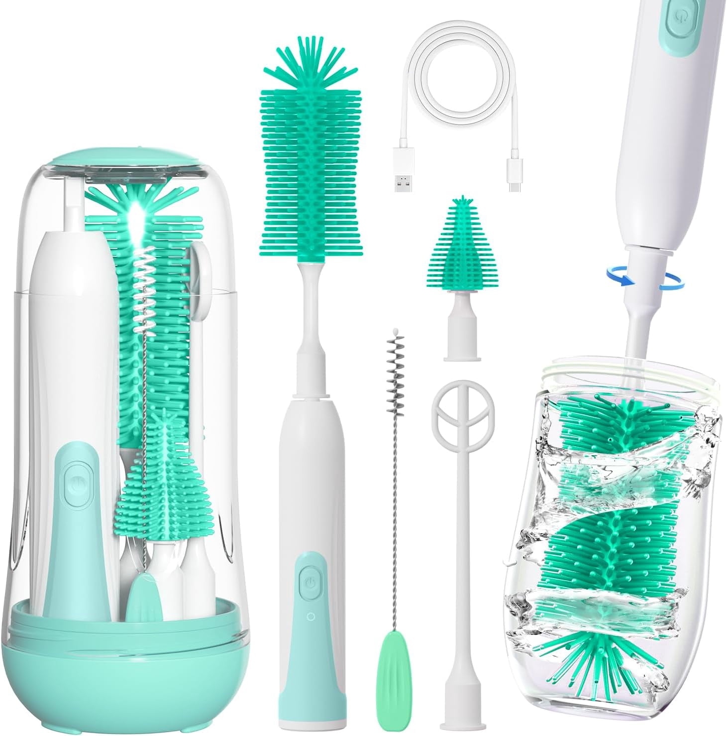 DEA Electric Bottle Brush Cleaner, Portable Rechargeable Baby Bottle Cleaner Kit for Travel with Silicone Nipple & Straw Brush, Drainage Rack, Storage Box(Green)