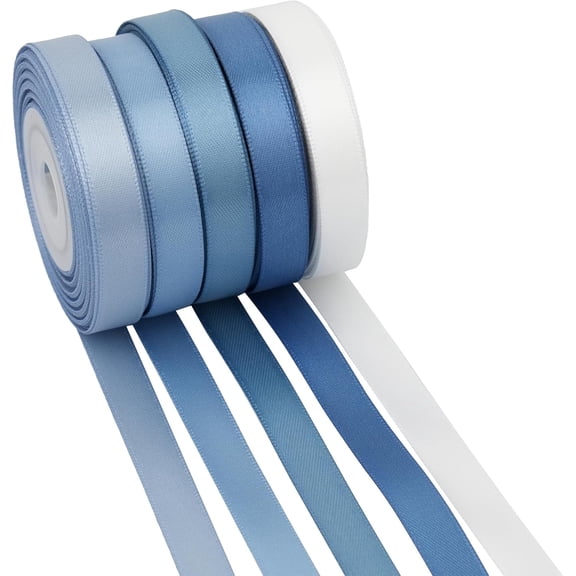 DEA French Blue Ribbon 3/8 Inch Thin Dusty Blue Satin Ribbon 5 Rolls Assortment for Wedding Baby Shower Invitation Card Gift Wrapping Crafts - 50Yards