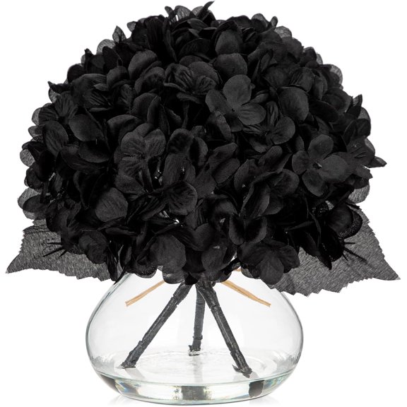 DEA Hydrangea Fall Flowers Artificial for Decoration with Glass Vase Black Silk Faux Flowers Arrangements in Vase with Faux Water Fake Floral Bouquet Table Centerpiece Halloween Home Decor