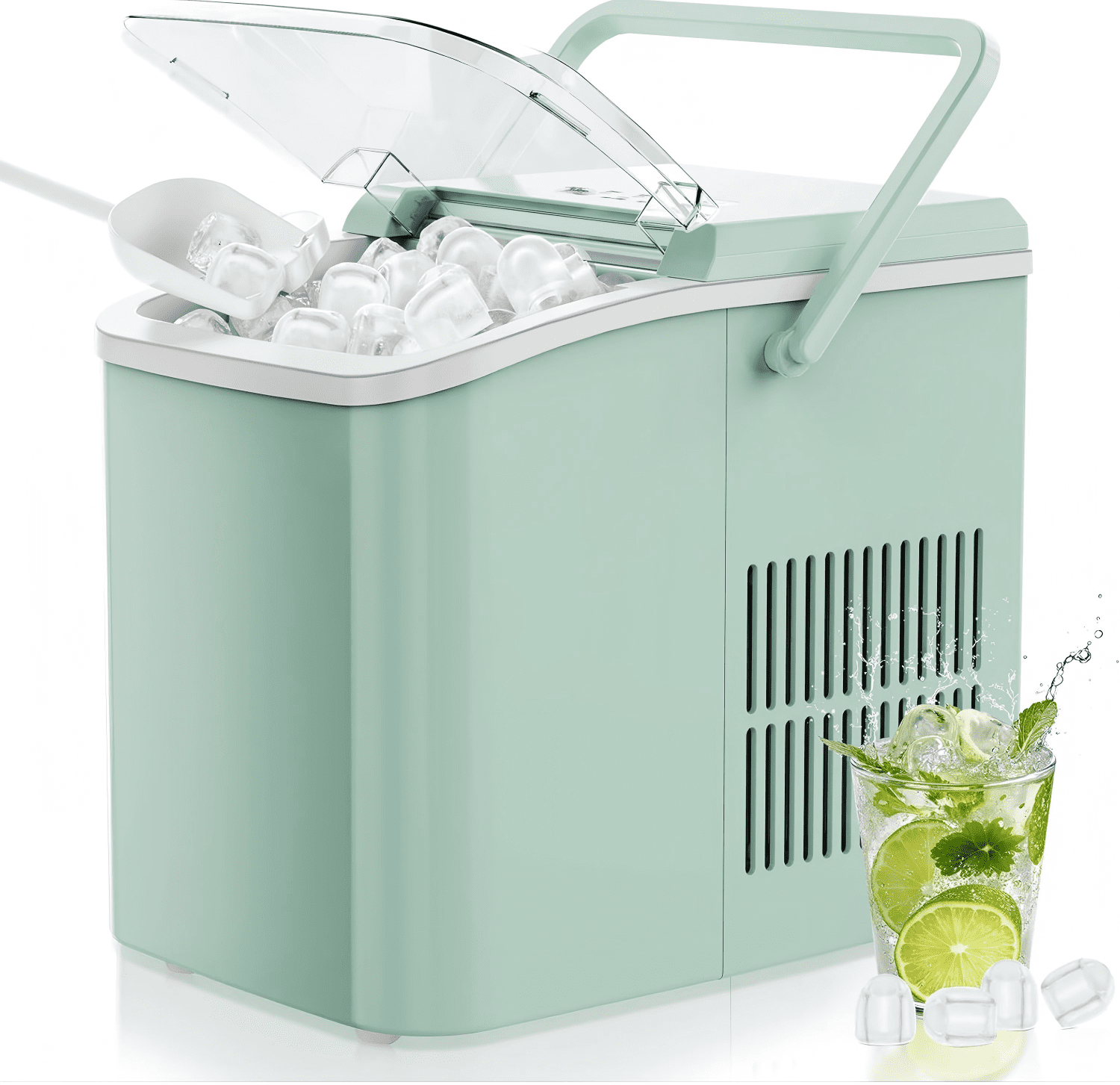 DEA Ice Maker Machine with Handle,26lbs in 24Hrs,9 Ice Cubes in 6 Mins,Auto-Cleaning Portable Ice Maker with Basket and Scoop, Countertop Ice Maker for Home/Kitchen/Camping/RV, Sleek Green