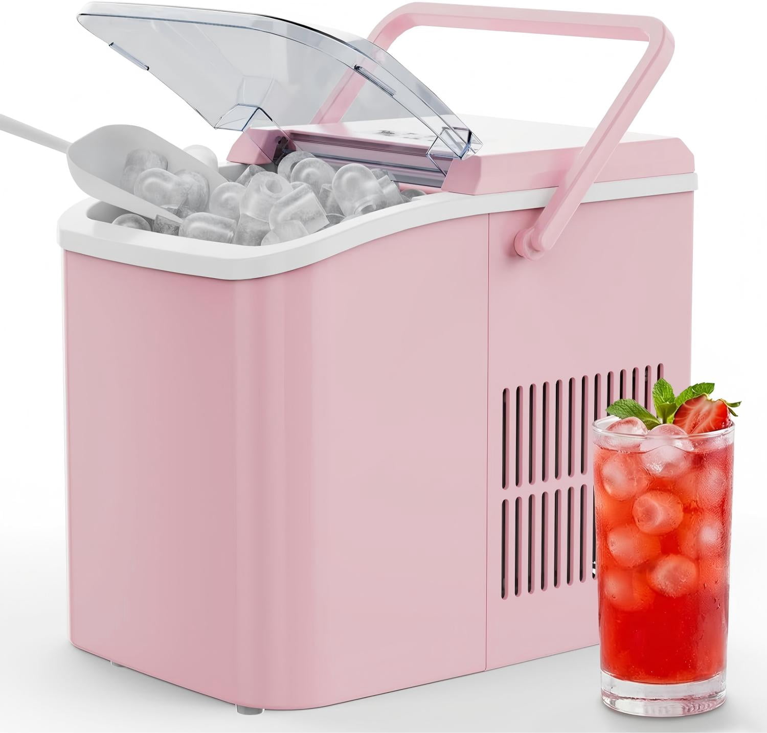 DEA Ice Maker Machine with Handle,26lbs in 24Hrs,9 Ice Cubes in 6 Mins,Auto-Cleaning Portable Ice Maker with Basket and Scoop, Countertop Ice Maker for Home, Kitchen, Camping, RV - Pink