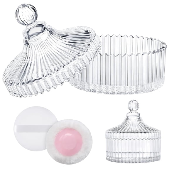 DEA Large Body Powder Puff and Container, 2 Large Powder Puffs, Crystal Powder Container with 3.93" Puff for Baby Women, Dusting Powder Container with Puffs for Women, Bath, Home Use (4 Pure)