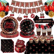 DEA Red Cheetah Print Birthday Party Supplies, Cherry Leopard Birthday Decorations Include Plates Napkins Cups Banner Tablecloth Hanging Swirls Cake Topper Balloons for Girls Women-Serve 24
