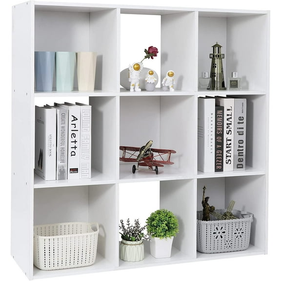 DEAL 9 Cube Storage Organizer 11 inch Cube Storage Shelf 3 x 3 Wood Bookcase Display Bookshelf with 5 Removable Back Panels for Kids Children Home, Office, Bedroom, Living Room, White