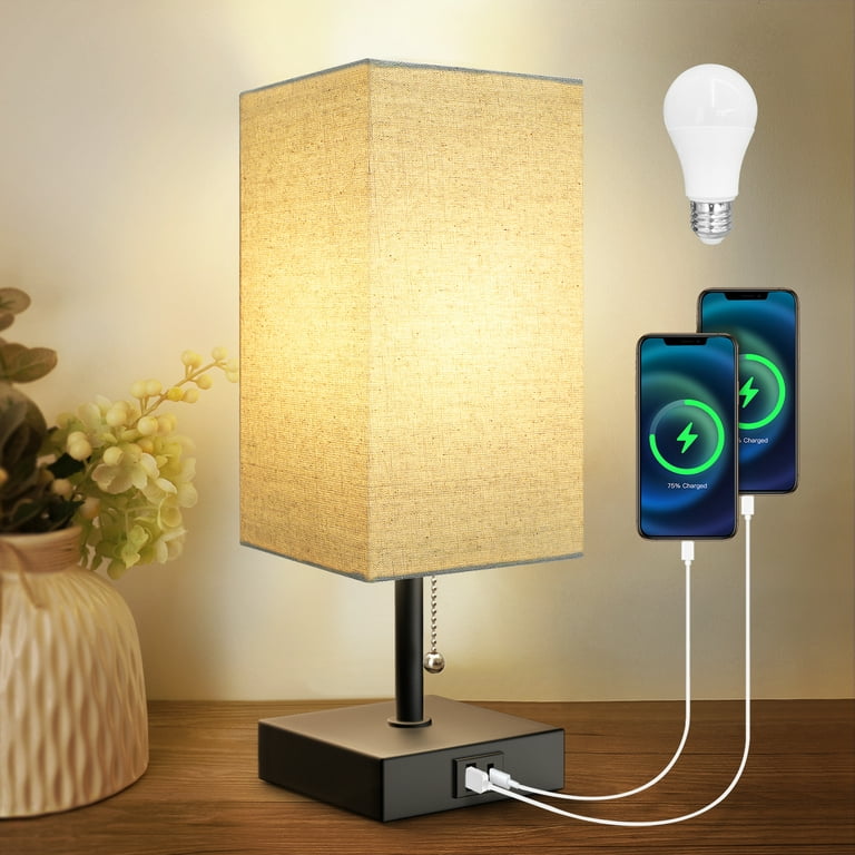 GGOYING Set of 2 Bedside Table Lamp, Pull Chain Table Lamp with USB C+A  Charging Ports, 2700K LED Bulb, Fabric Linen Lampshade, Nightstand Lamp for