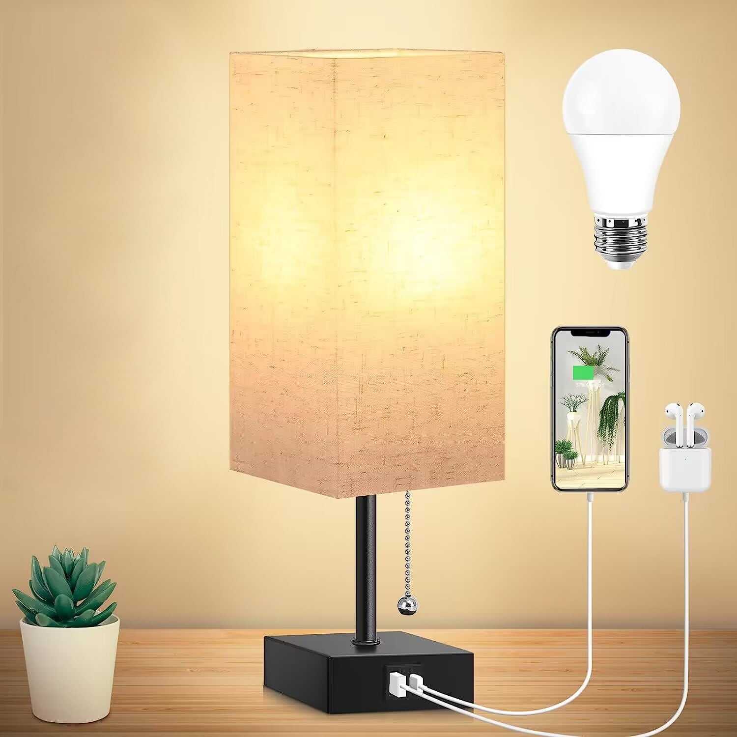【DEAL】Bedside Table Lamp,Pull Chain Table Lamp with 2 USB Charging