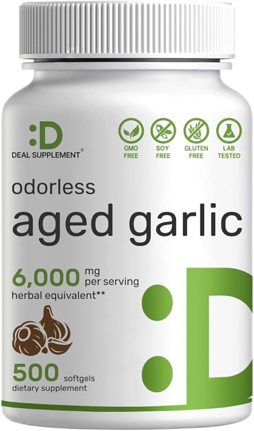 DEAL SUPPLEMENT Odorless Aged Garlic Pills, 6,000mg Per Serving, 500 Softgels  24:1 Garlic Oil Extract  Fresh Allium Sativum Bulb Source  Heart & Immune Antioxidant Supplements  Non-GMO