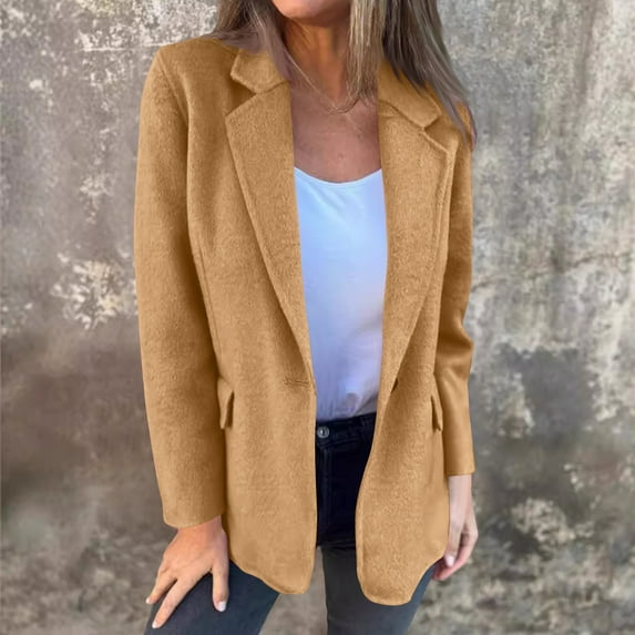 GaThRRgYP Jackets for Women Under $10,Women's Winter Casual Solid Color Woolen Button Long Sleeve Fashion Jacket Khaki L