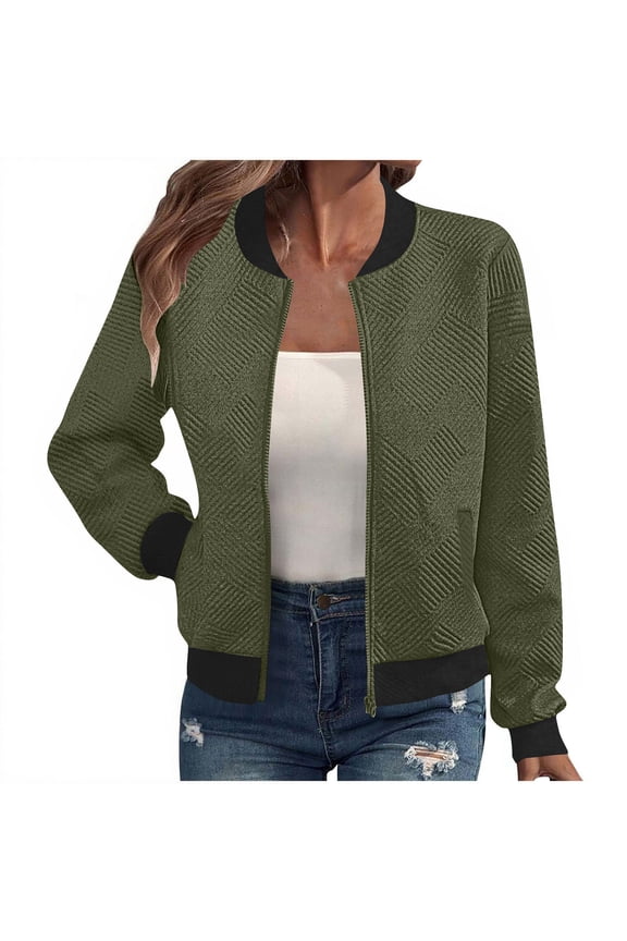 Womens Jackets and Coats,Women's Loose Long Sleeved Sweatshirt with Zipper Jacket Casual Coarse Knitted Baseball Jacket Army Green S