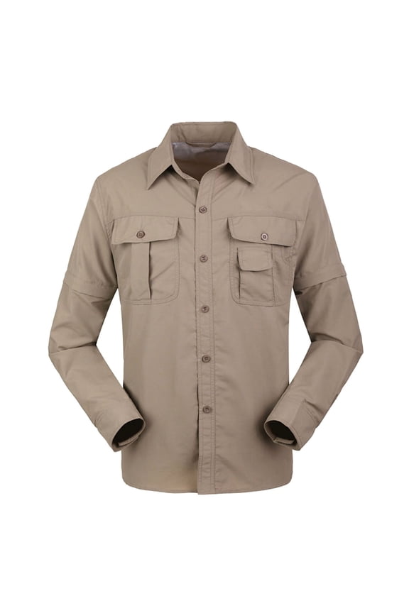 Work Shirts for Men Solid Color Cargo Lapel Neck Buttons Quick Drying Dismountable Long Sleeve Shirts Mesh Lining Breathable Comfort Casual Shirts with Pockets