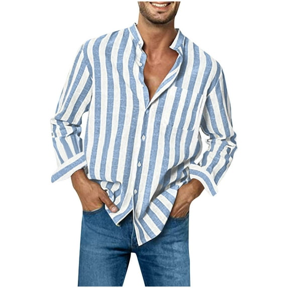 Titcea Work Shirts for Men Striped Printed Stand Collar Buttons Long Sleeve Shirts with Pockets Loose Comfort Casual Shirts